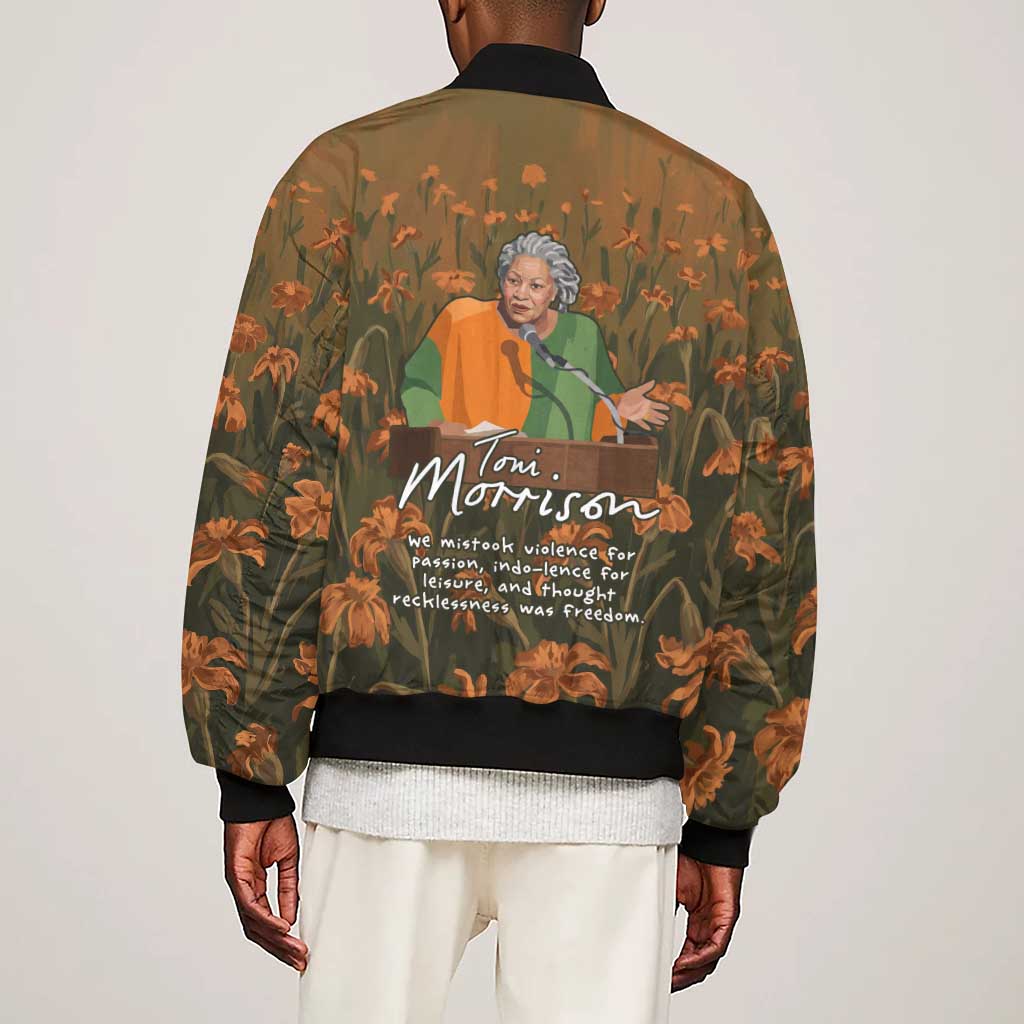 Toni Morrison Sleeve Zip Bomber Jacket Floral Themed Design Featuring The Bluest Eye Cover Art Thought-Provoking Quote - African Pride