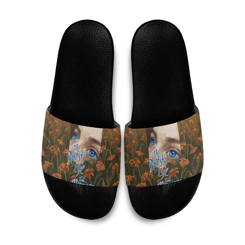 Toni Morrison Slide Sandals Floral Themed Design Featuring The Bluest Eye Cover Art Thought-Provoking Quote - African Pride