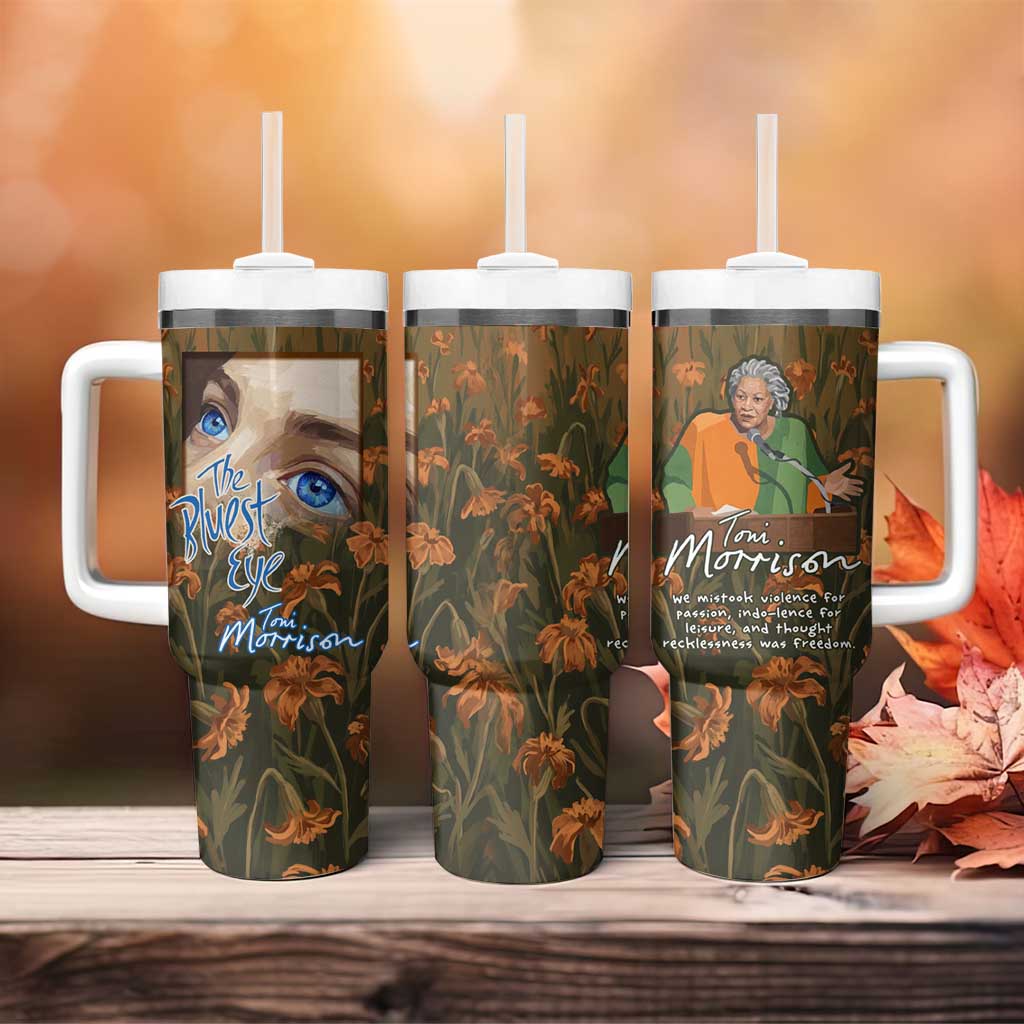 Toni Morrison Tumbler With Handle Floral Themed Design Featuring The Bluest Eye Cover Art Thought-Provoking Quote - African Pride