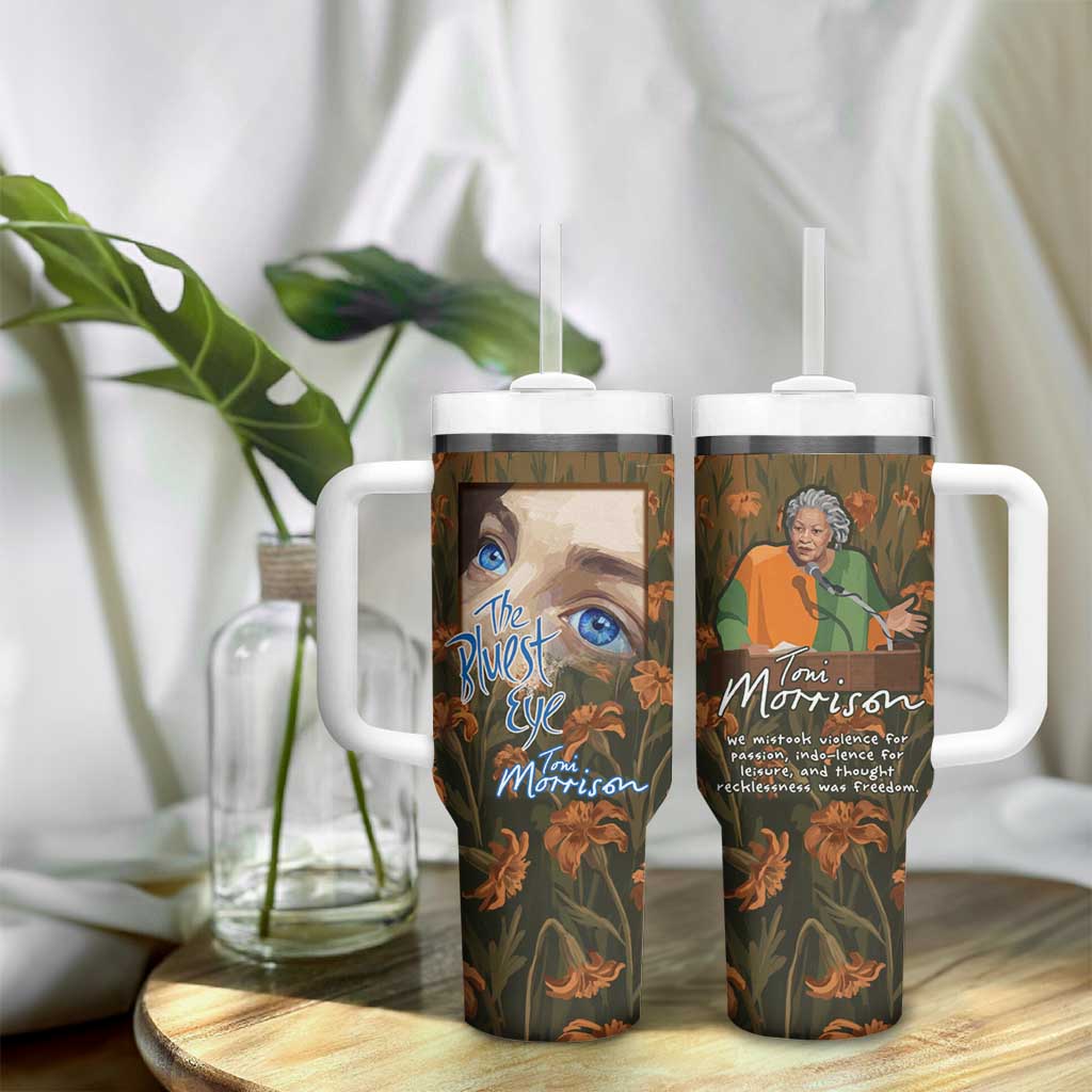 Toni Morrison Tumbler With Handle Floral Themed Design Featuring The Bluest Eye Cover Art Thought-Provoking Quote - African Pride