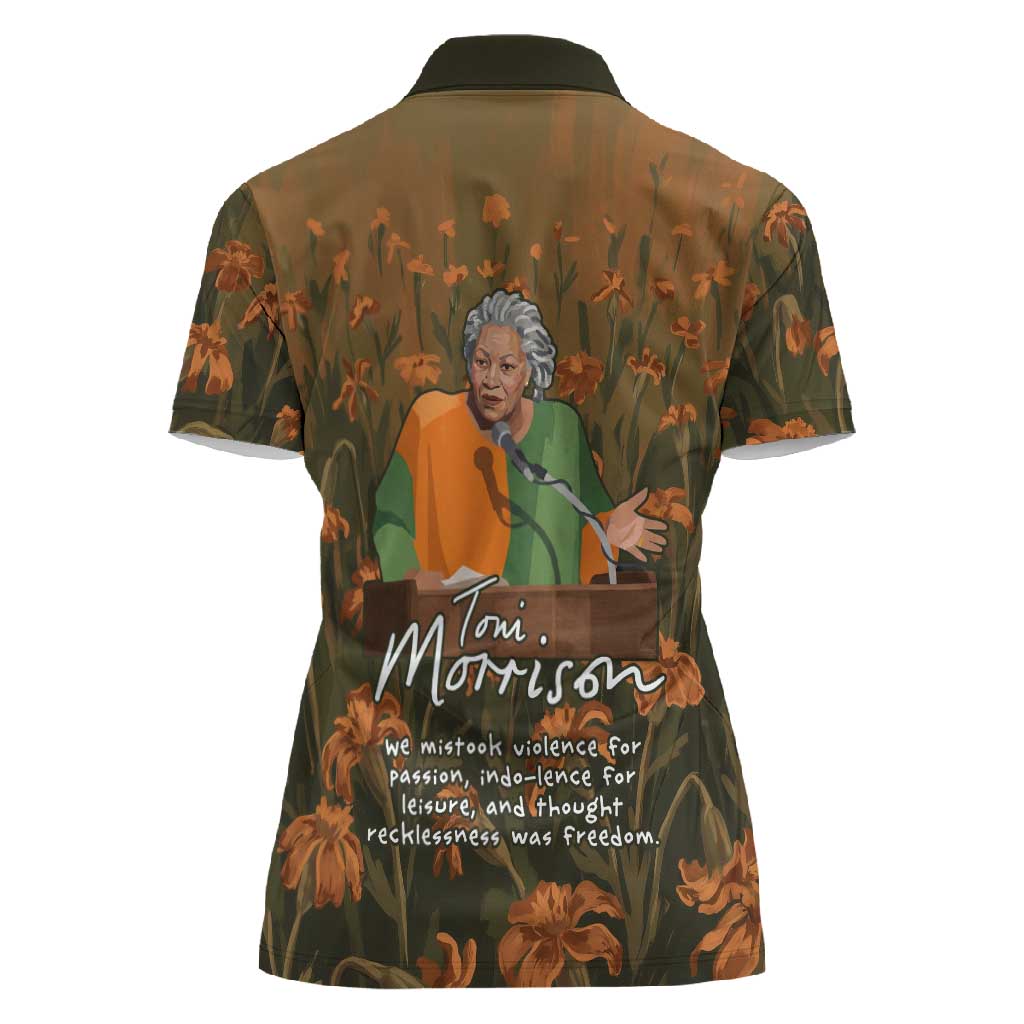 Toni Morrison Women Polo Shirt Floral Themed Design Featuring The Bluest Eye Cover Art Thought-Provoking Quote - African Pride