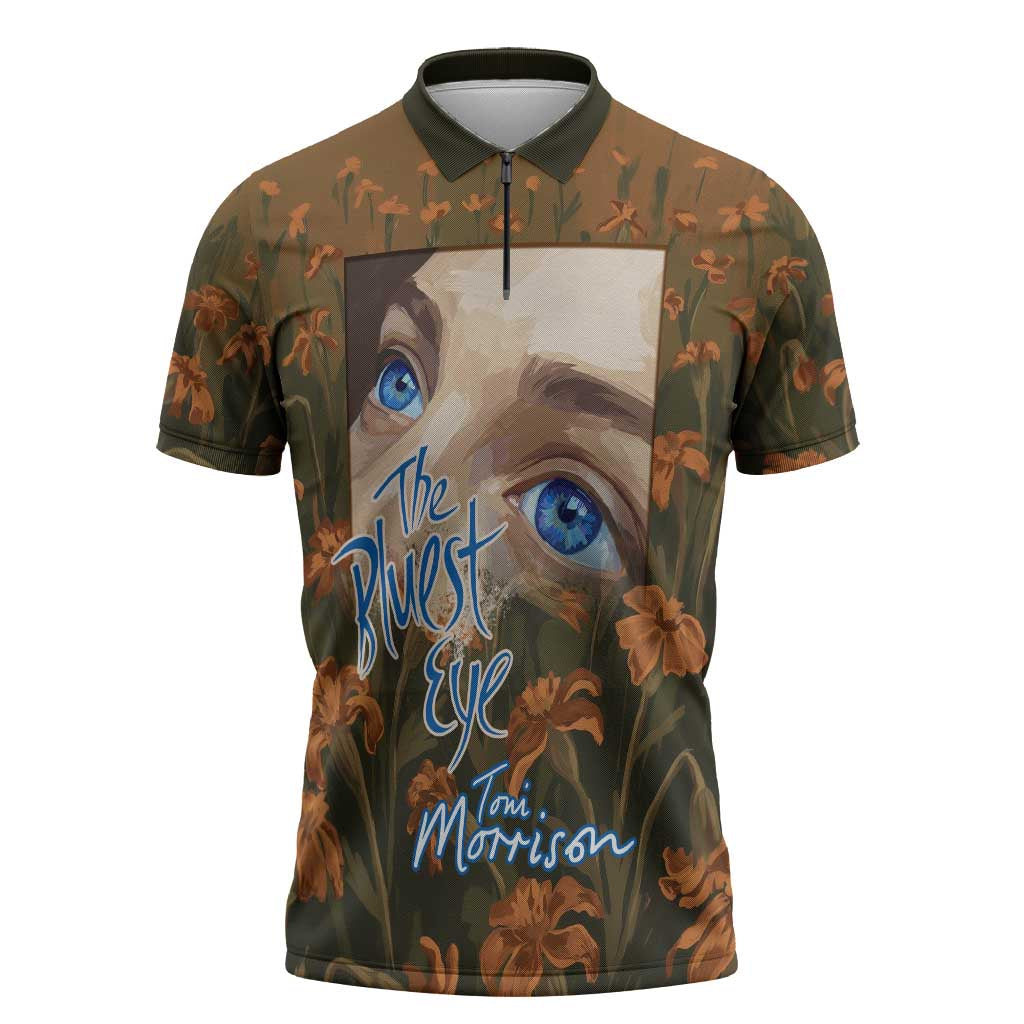 Toni Morrison Zipper Polo Shirt Floral Themed Design Featuring The Bluest Eye Cover Art Thought-Provoking Quote - African Pride