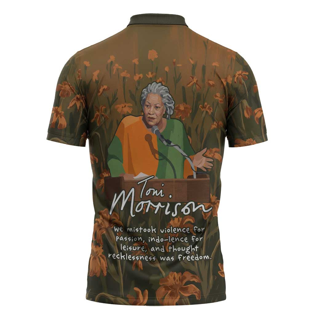 Toni Morrison Zipper Polo Shirt Floral Themed Design Featuring The Bluest Eye Cover Art Thought-Provoking Quote - African Pride