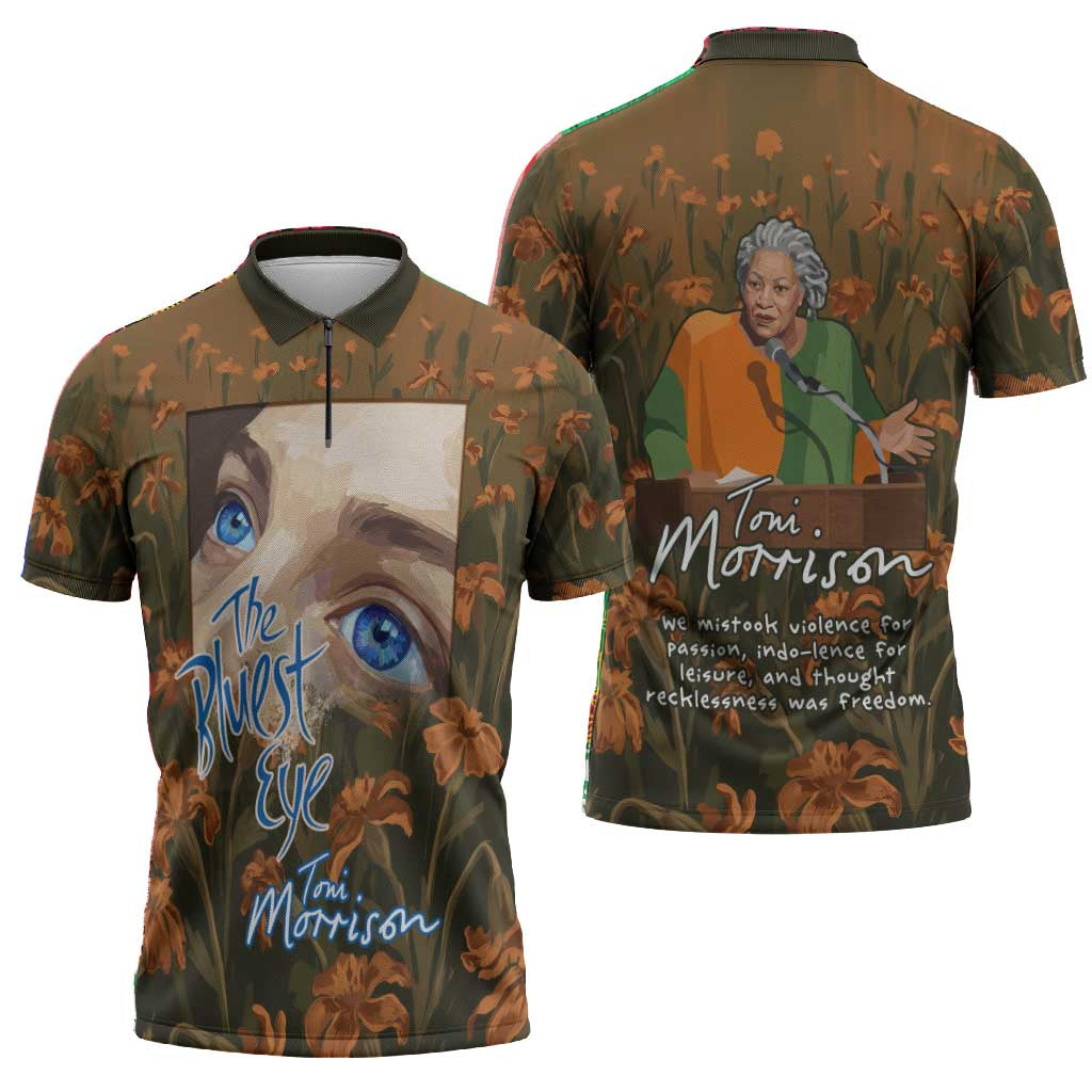 Toni Morrison Zipper Polo Shirt Floral Themed Design Featuring The Bluest Eye Cover Art Thought-Provoking Quote - African Pride