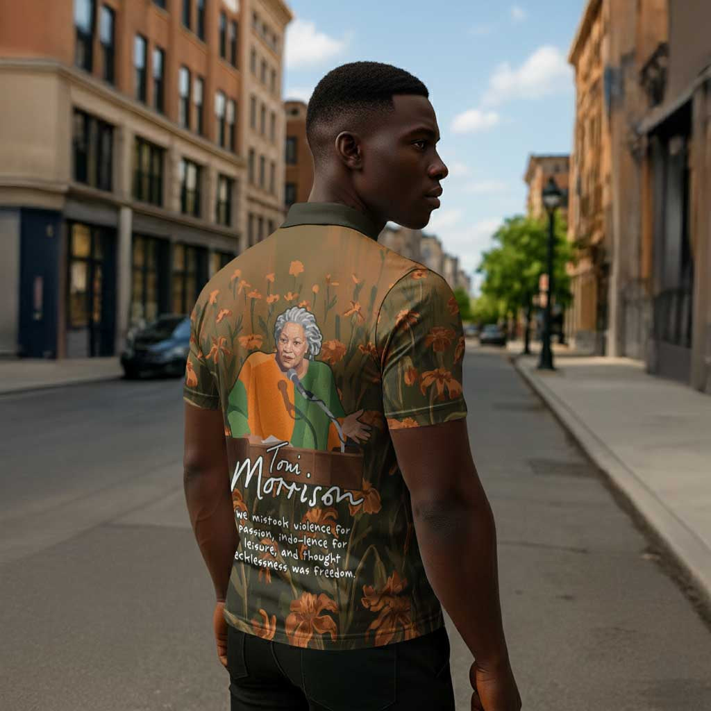 Toni Morrison Zipper Polo Shirt Floral Themed Design Featuring The Bluest Eye Cover Art Thought-Provoking Quote - African Pride