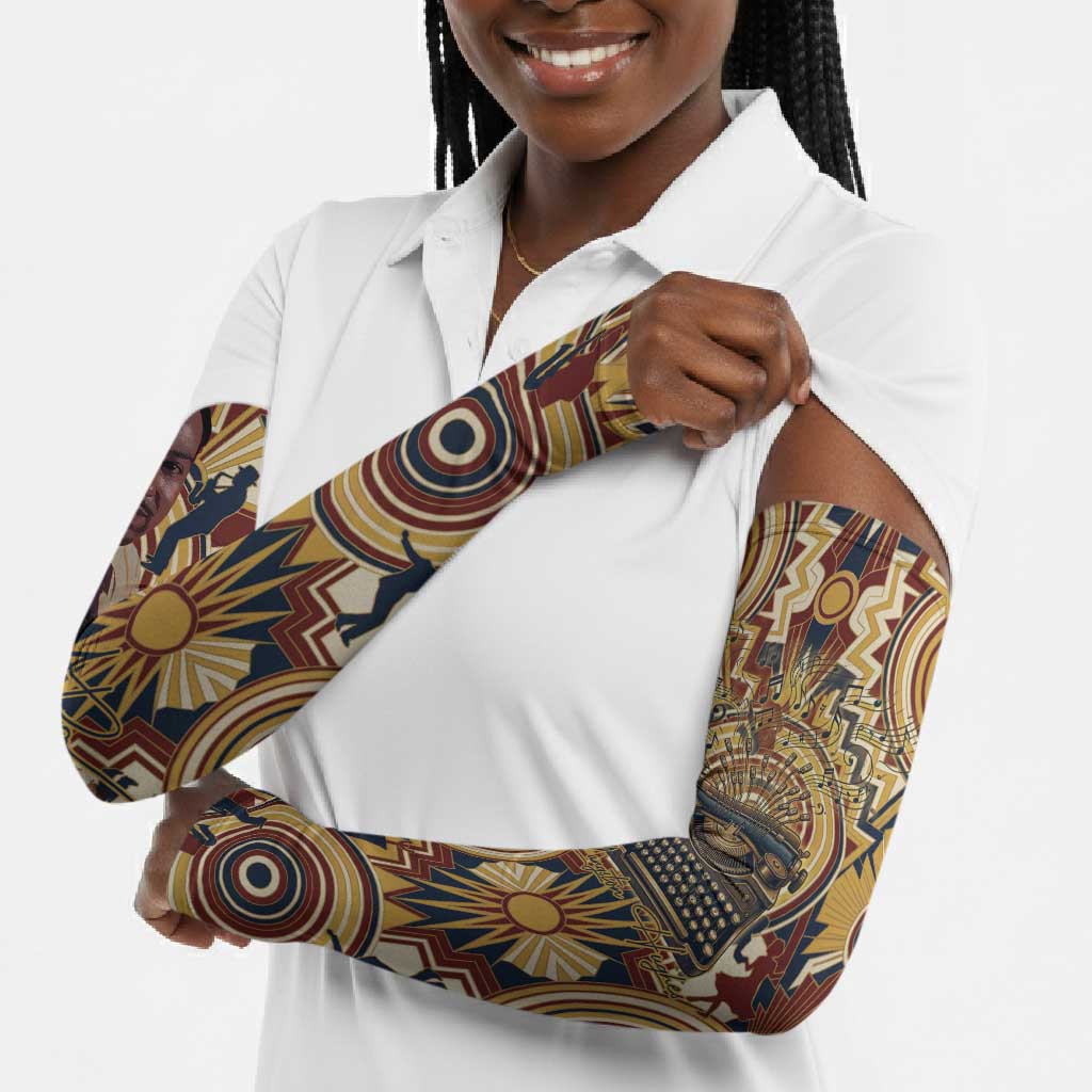 Langston Hughes Arm Sleeves Vibrant Jazz Age Pattern - Typewriter and Silhouettes Celebration of Harlem Renaissance - African Pride