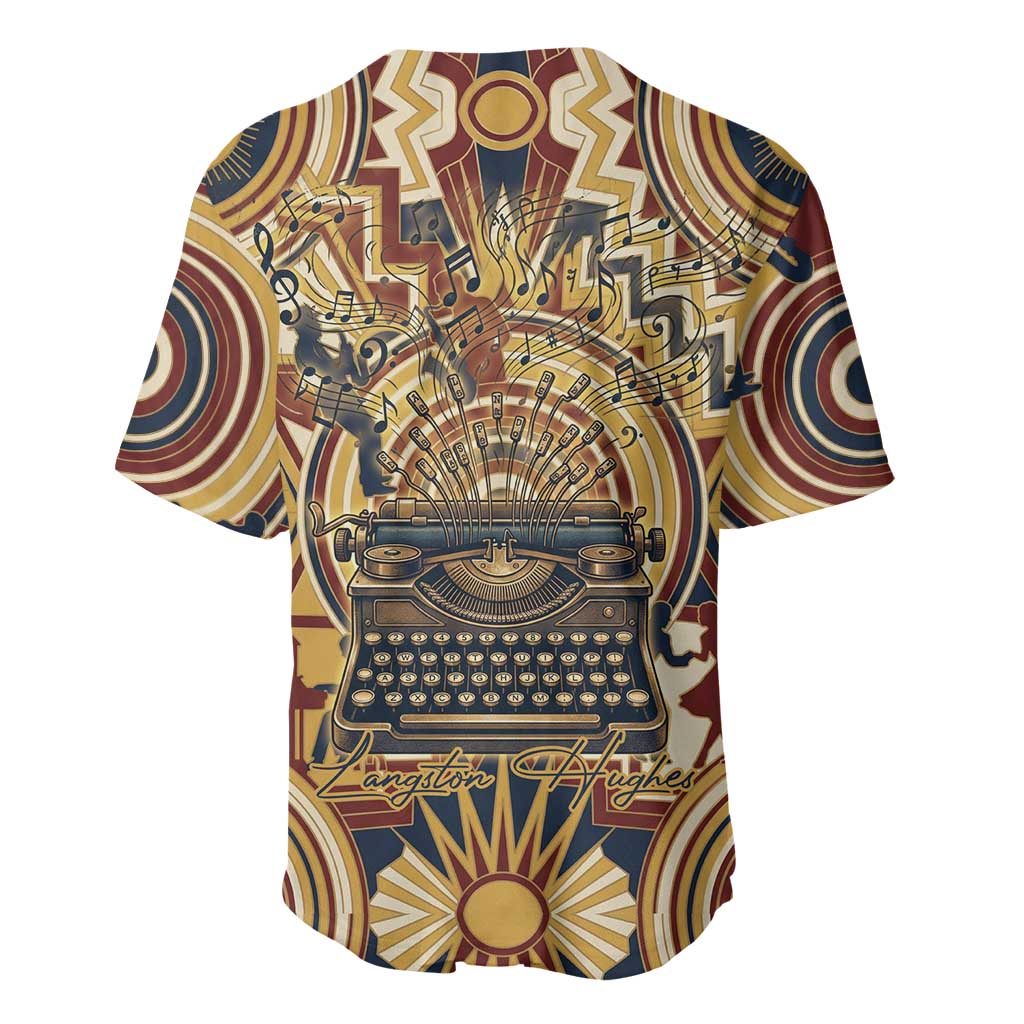 Langston Hughes Baseball Jersey Vibrant Jazz Age Pattern - Typewriter and Silhouettes Celebration of Harlem Renaissance - African Pride