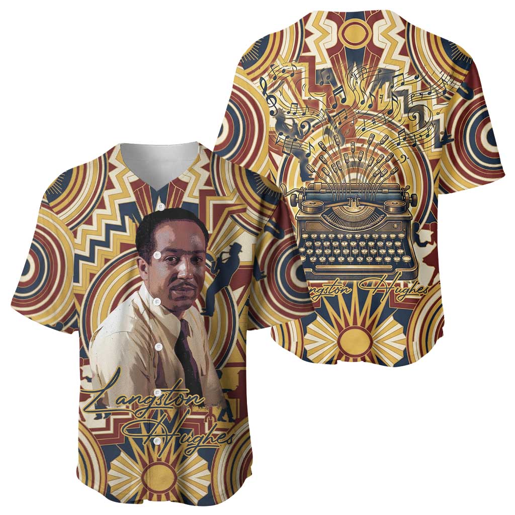 Langston Hughes Baseball Jersey Vibrant Jazz Age Pattern - Typewriter and Silhouettes Celebration of Harlem Renaissance - African Pride