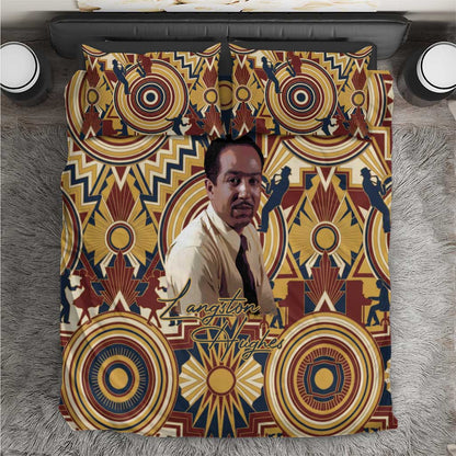 Langston Hughes Bedding Set Vibrant Jazz Age Pattern - Typewriter and Silhouettes Celebration of Harlem Renaissance - African Pride