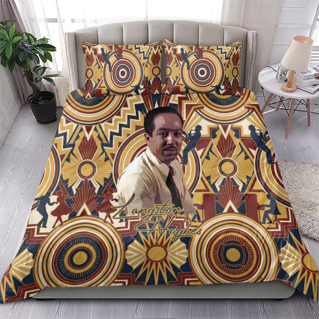 Langston Hughes Bedding Set Vibrant Jazz Age Pattern - Typewriter and Silhouettes Celebration of Harlem Renaissance - African Pride