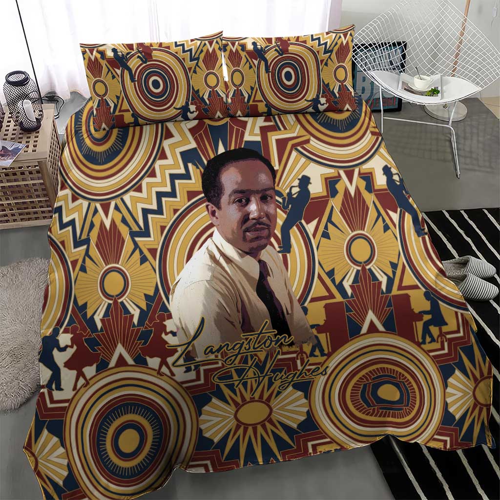 Langston Hughes Bedding Set Vibrant Jazz Age Pattern - Typewriter and Silhouettes Celebration of Harlem Renaissance - African Pride