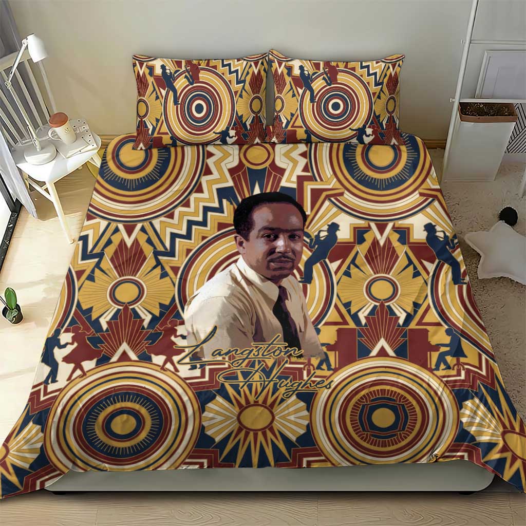 Langston Hughes Bedding Set Vibrant Jazz Age Pattern - Typewriter and Silhouettes Celebration of Harlem Renaissance - African Pride