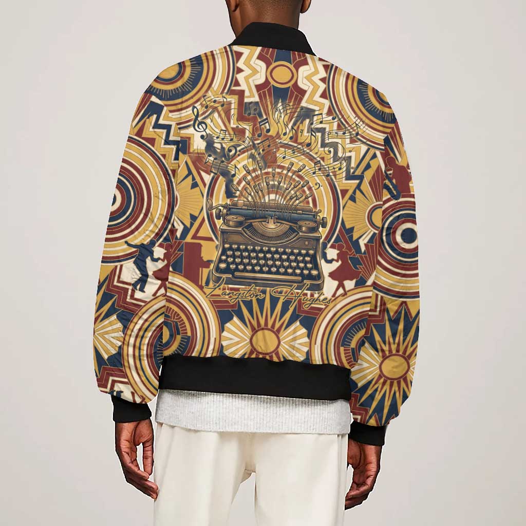 Langston Hughes Bomber Jacket Vibrant Jazz Age Pattern - Typewriter and Silhouettes Celebration of Harlem Renaissance - African Pride
