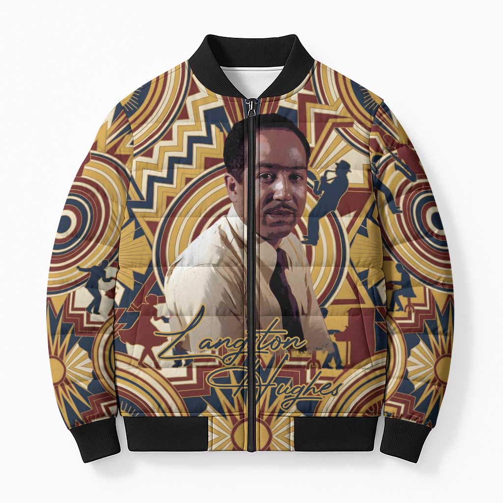 Langston Hughes Bomber Puffer Jacket Vibrant Jazz Age Pattern - Typewriter and Silhouettes Celebration of Harlem Renaissance - African Pride