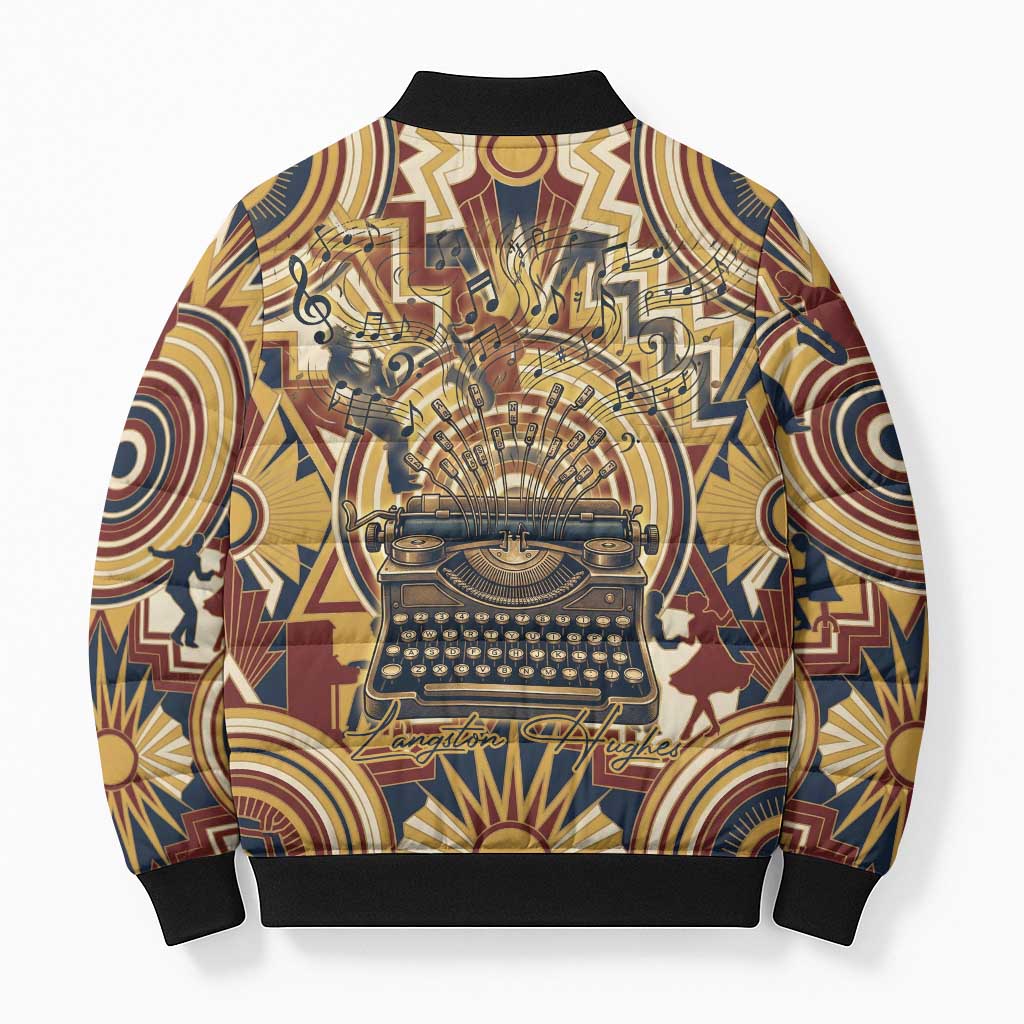 Langston Hughes Bomber Puffer Jacket Vibrant Jazz Age Pattern - Typewriter and Silhouettes Celebration of Harlem Renaissance - African Pride