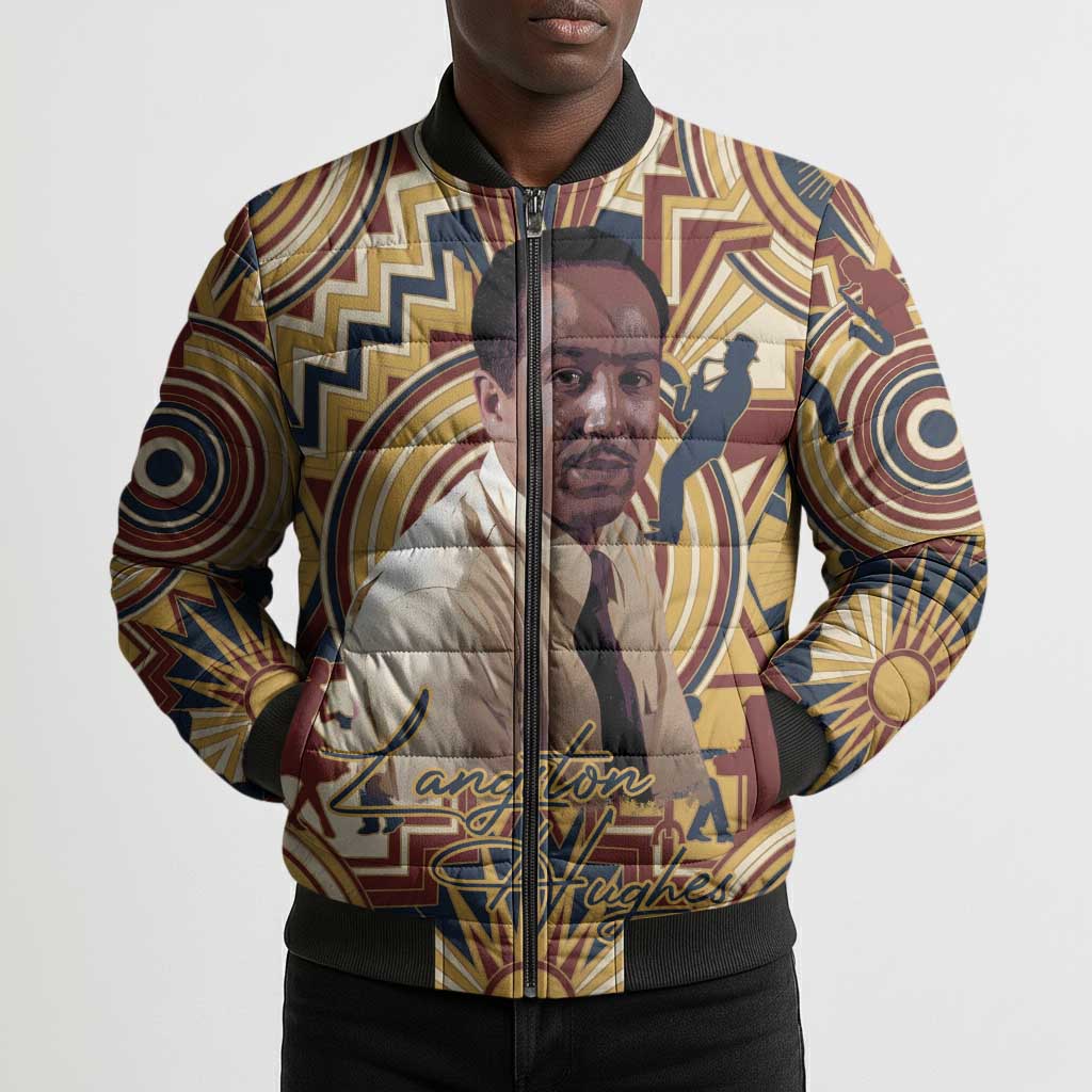 Langston Hughes Bomber Puffer Jacket Vibrant Jazz Age Pattern - Typewriter and Silhouettes Celebration of Harlem Renaissance - African Pride