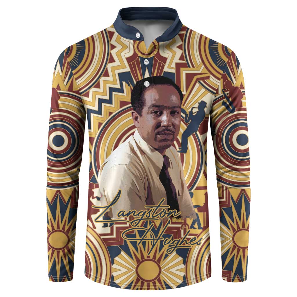 Langston Hughes Button Sweatshirt Vibrant Jazz Age Pattern - Typewriter and Silhouettes Celebration of Harlem Renaissance