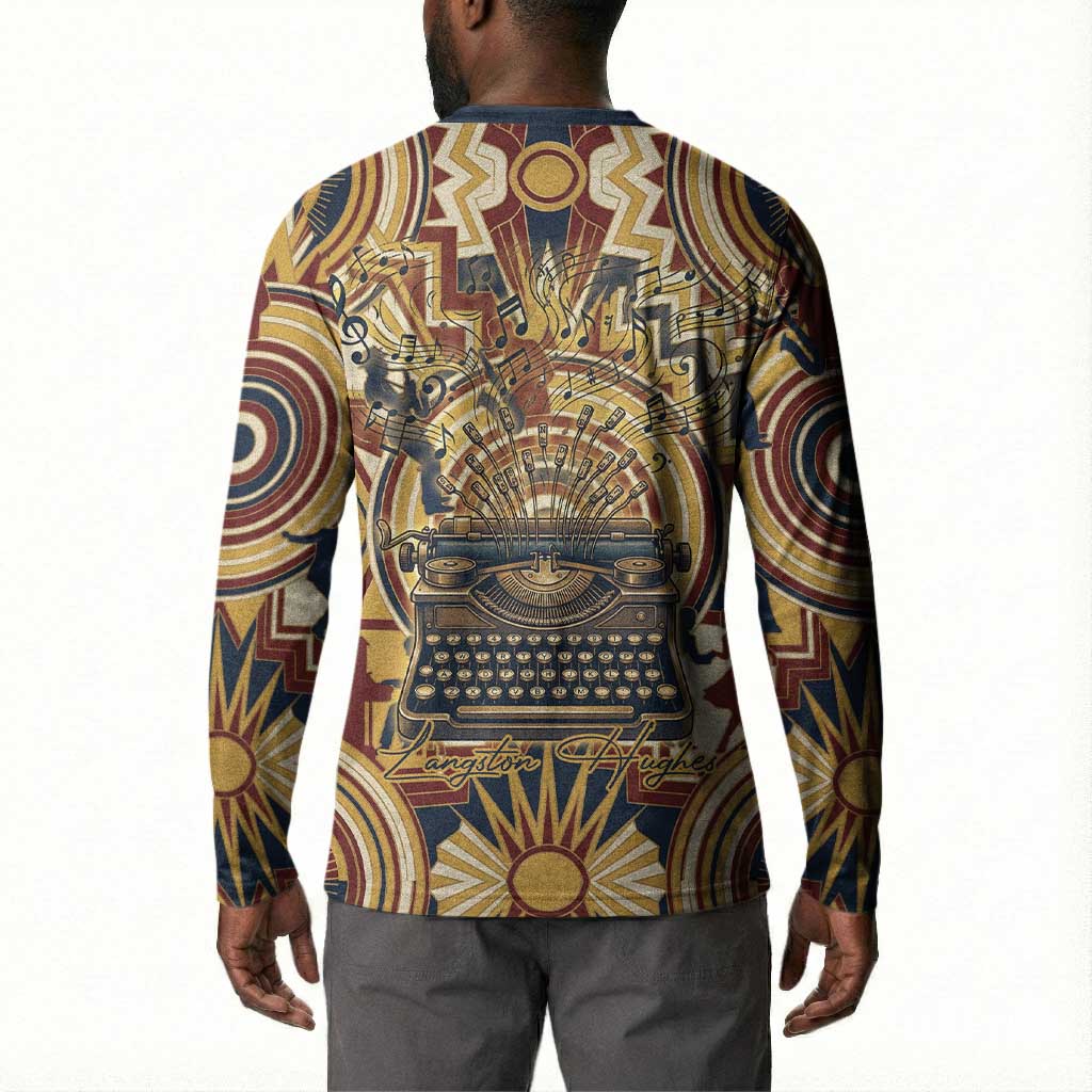 Langston Hughes Button Sweatshirt Vibrant Jazz Age Pattern - Typewriter and Silhouettes Celebration of Harlem Renaissance