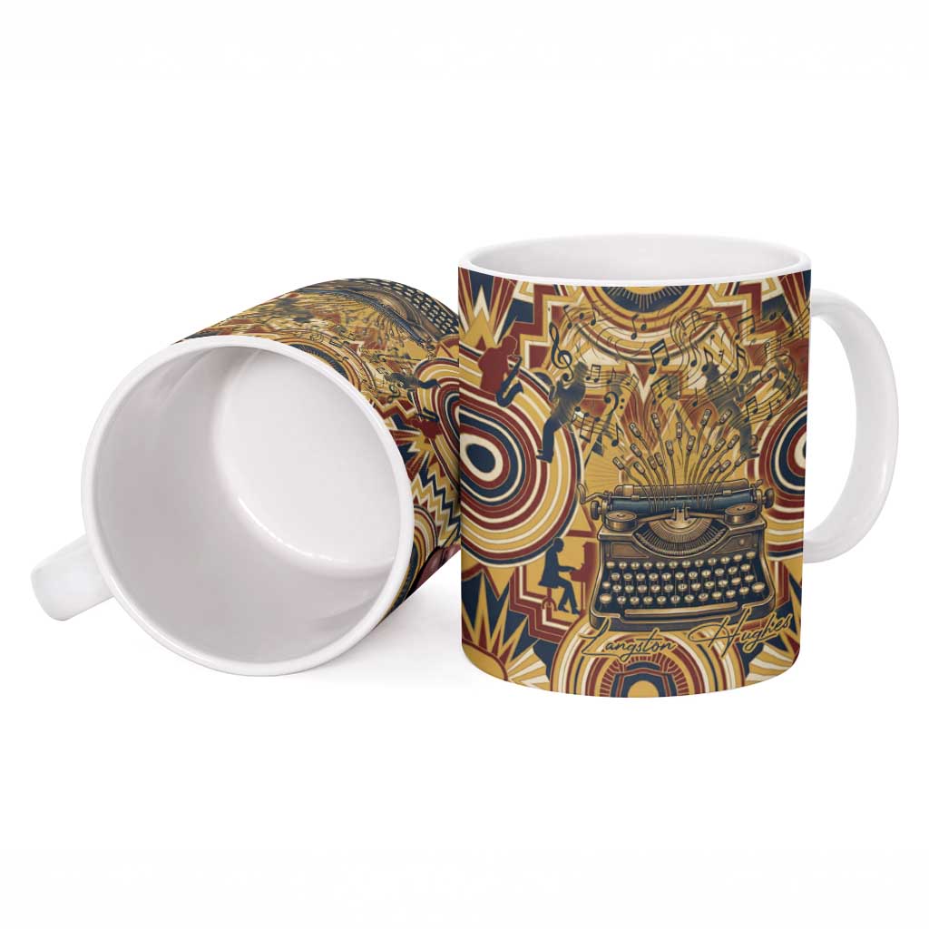 Langston Hughes Ceramic Mug Vibrant Jazz Age Pattern - Typewriter and Silhouettes Celebration of Harlem Renaissance - African Pride