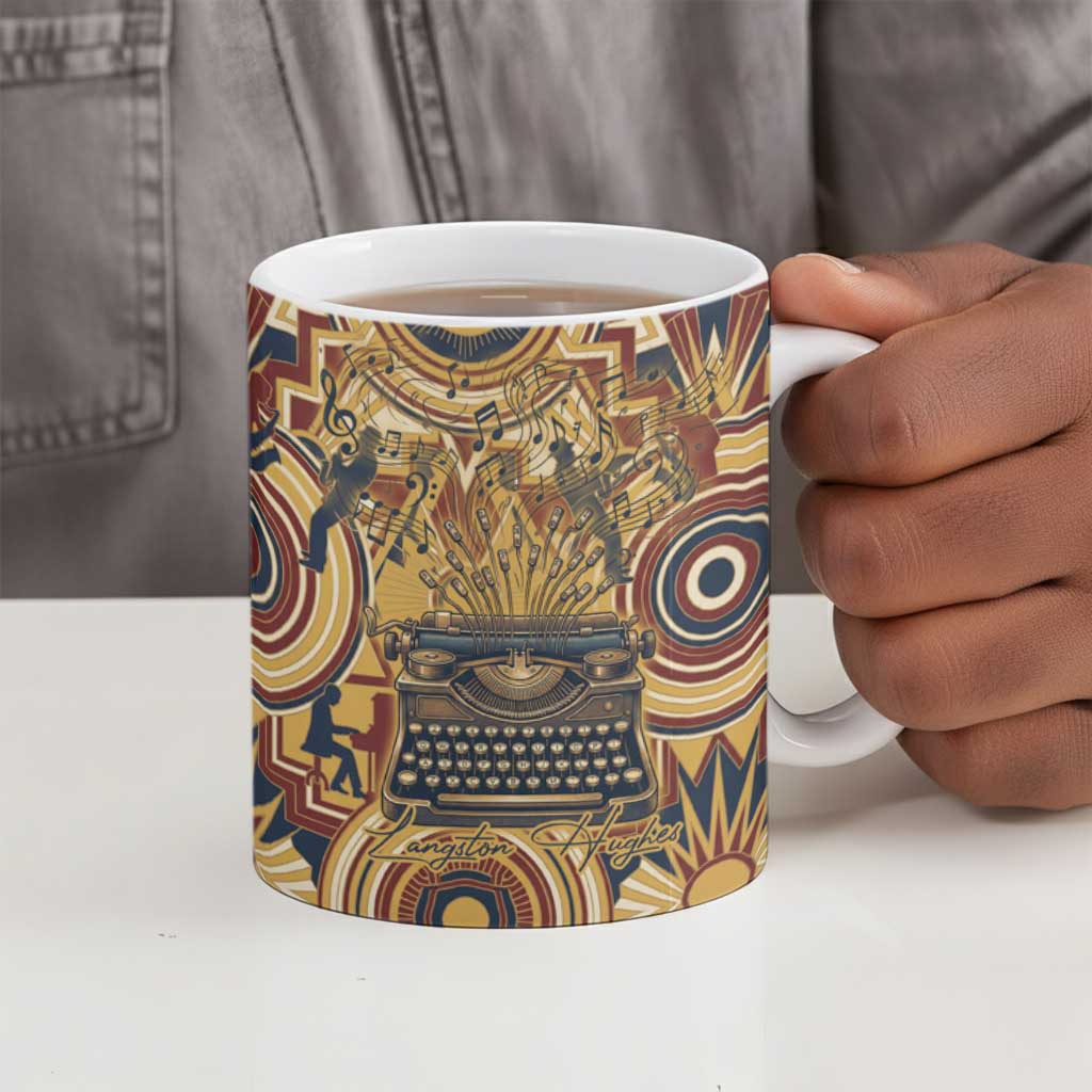 Langston Hughes Ceramic Mug Vibrant Jazz Age Pattern - Typewriter and Silhouettes Celebration of Harlem Renaissance - African Pride