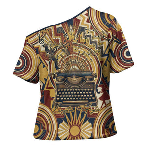 Langston Hughes Cross Shoulder Shirt Vibrant Jazz Age Pattern - Typewriter and Silhouettes Celebration of Harlem Renaissance - African Pride
