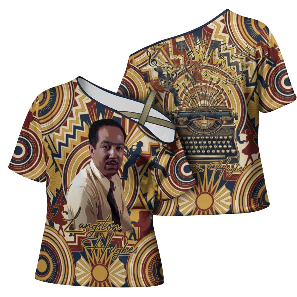 Langston Hughes Cross Shoulder Shirt Vibrant Jazz Age Pattern - Typewriter and Silhouettes Celebration of Harlem Renaissance - African Pride
