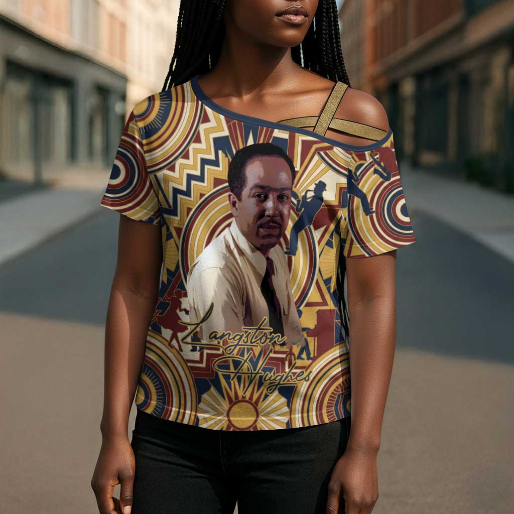 Langston Hughes Cross Shoulder Shirt Vibrant Jazz Age Pattern - Typewriter and Silhouettes Celebration of Harlem Renaissance - African Pride