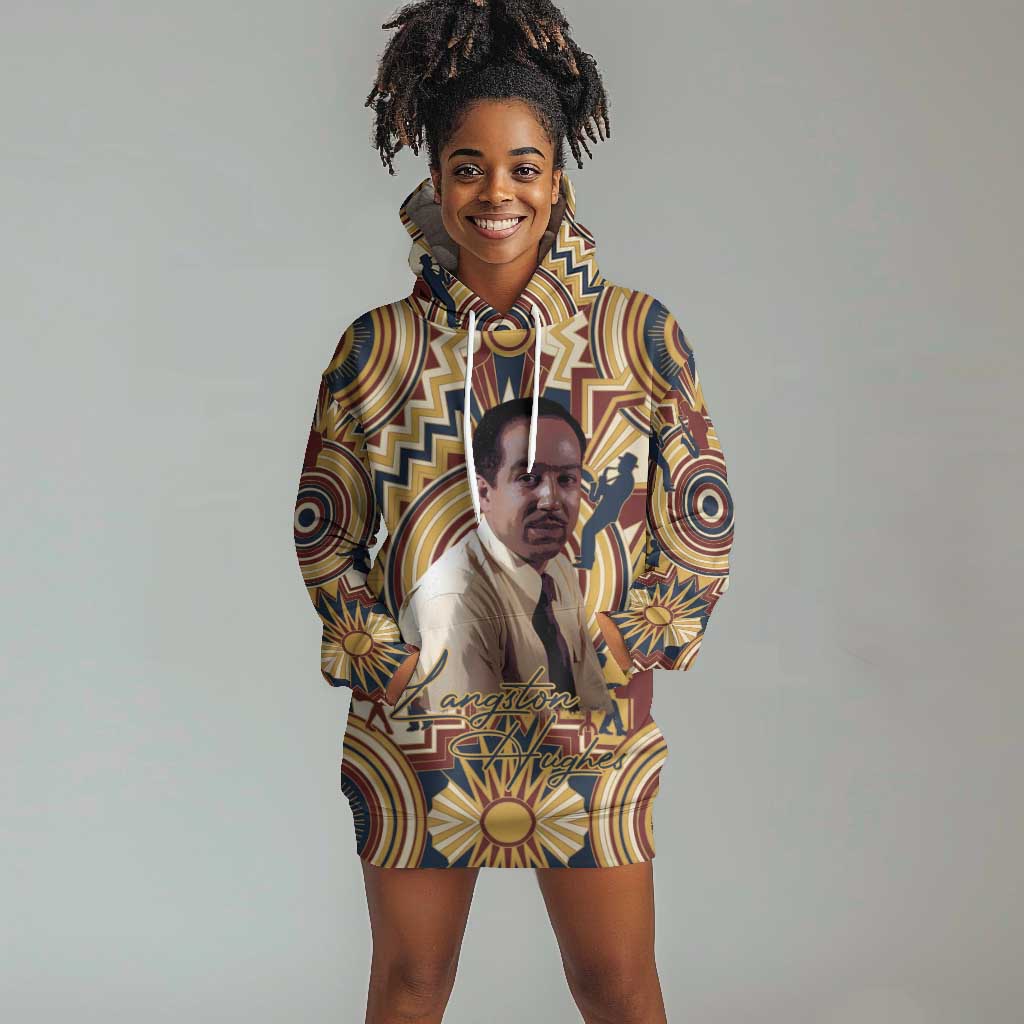 Langston Hughes Hoodie Dress Vibrant Jazz Age Pattern - Typewriter and Silhouettes Celebration of Harlem Renaissance - African Pride