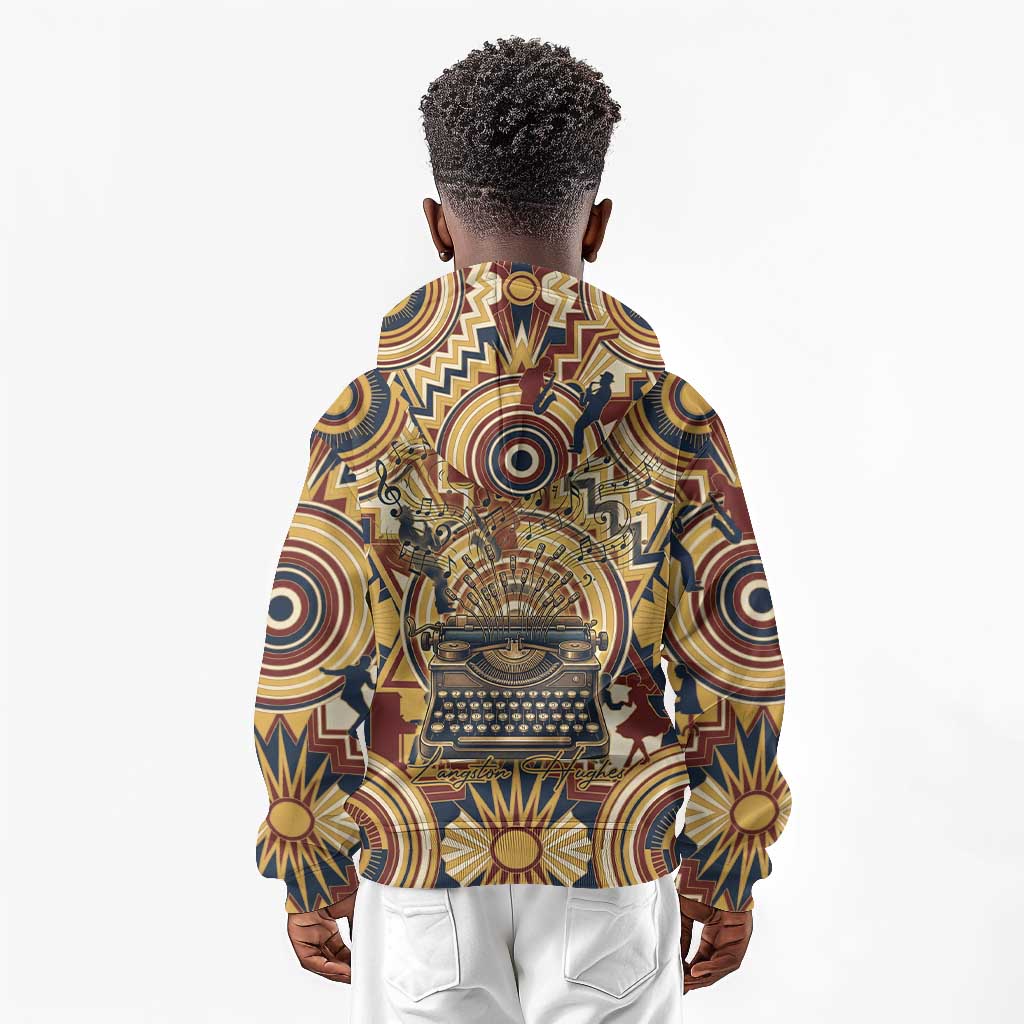Langston Hughes Kid Hoodie Vibrant Jazz Age Pattern - Typewriter and Silhouettes Celebration of Harlem Renaissance - African Pride