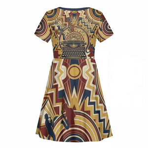 Langston Hughes Kid Short Sleeve Dress Vibrant Jazz Age Pattern - Typewriter and Silhouettes Celebration of Harlem Renaissance - African Pride