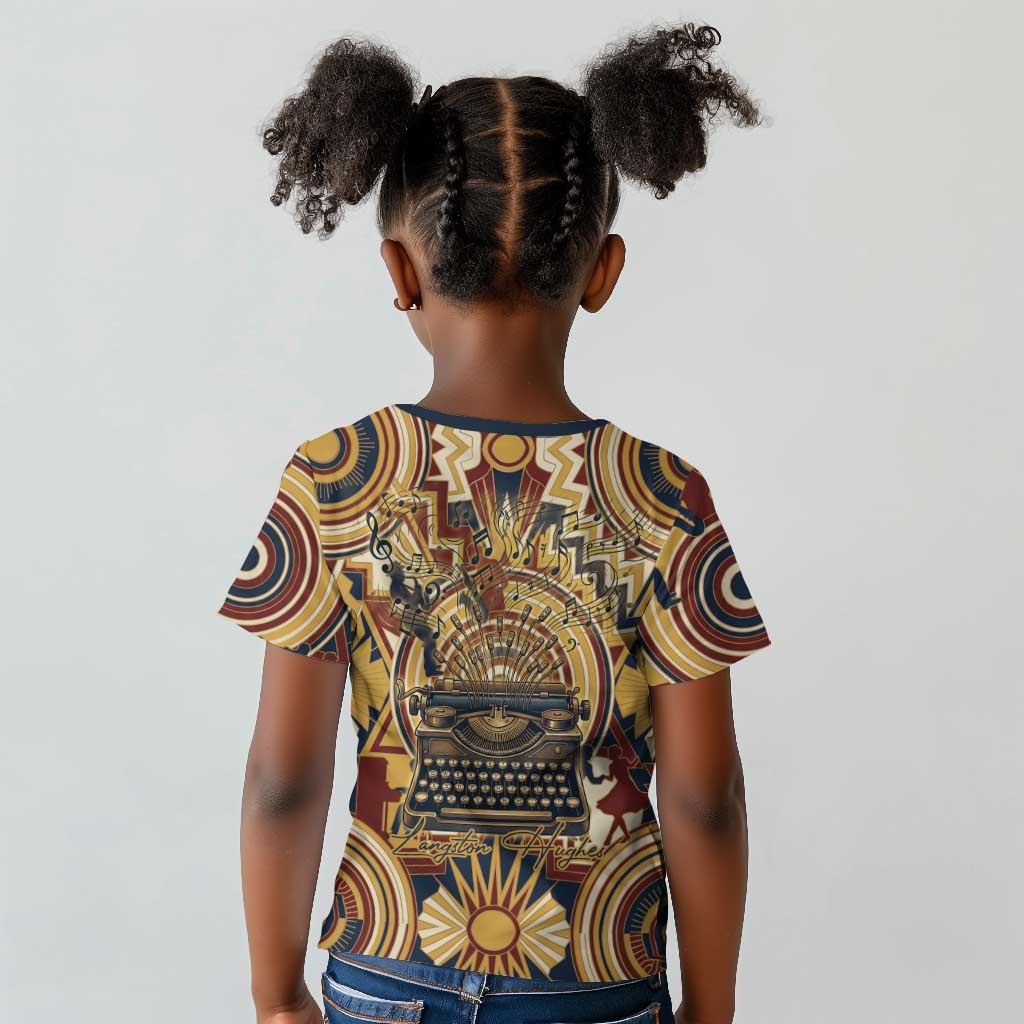 Langston Hughes Kid T shirt Vibrant Jazz Age Pattern - Typewriter and Silhouettes Celebration of Harlem Renaissance - African Pride