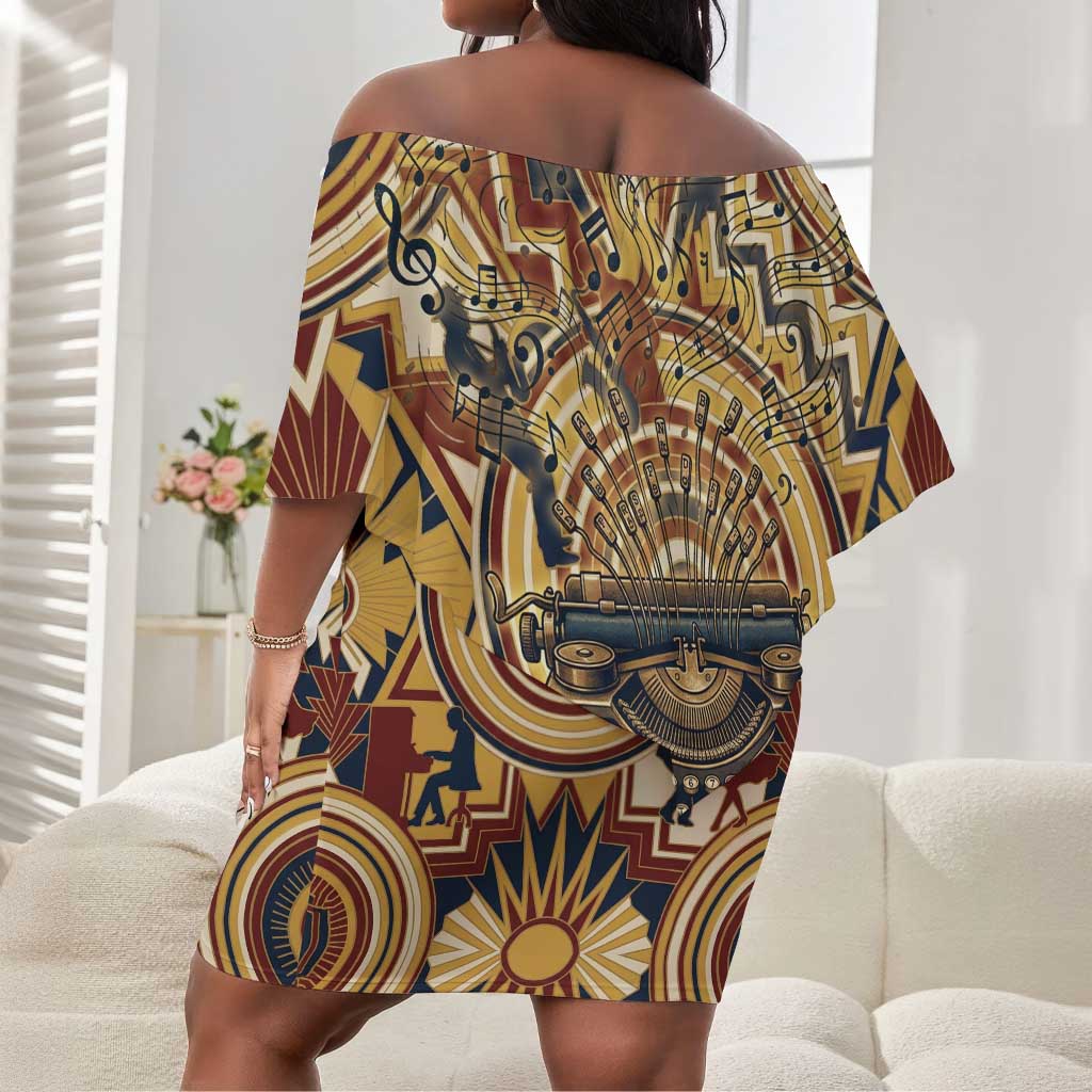 Langston Hughes Off Shoulder Short Dress Vibrant Jazz Age Pattern - Typewriter and Silhouettes Celebration of Harlem Renaissance - African Pride