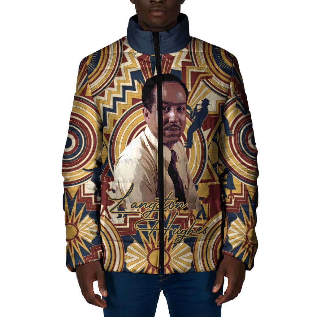 Langston Hughes Padded Jacket Vibrant Jazz Age Pattern - Typewriter and Silhouettes Celebration of Harlem Renaissance - African Pride