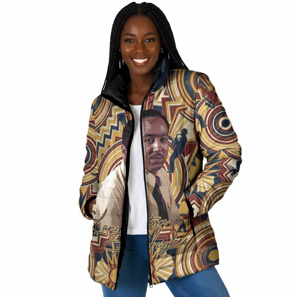 Langston Hughes Padded Jacket Vibrant Jazz Age Pattern - Typewriter and Silhouettes Celebration of Harlem Renaissance - African Pride
