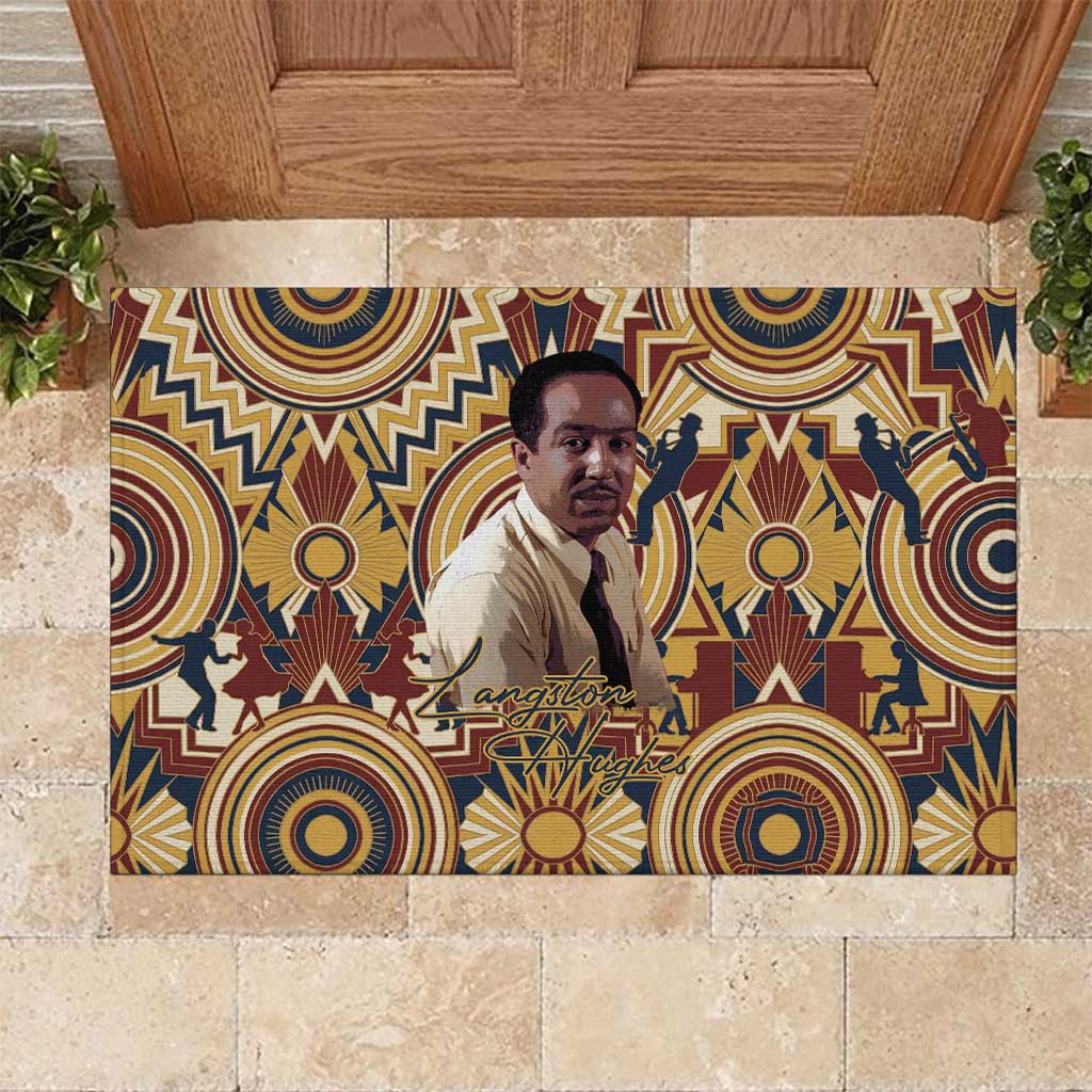 Langston Hughes Rubber Doormat Vibrant Jazz Age Pattern - Typewriter and Silhouettes Celebration of Harlem Renaissance - African Pride