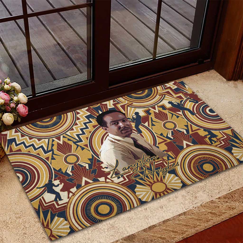 Langston Hughes Rubber Doormat Vibrant Jazz Age Pattern - Typewriter and Silhouettes Celebration of Harlem Renaissance - African Pride