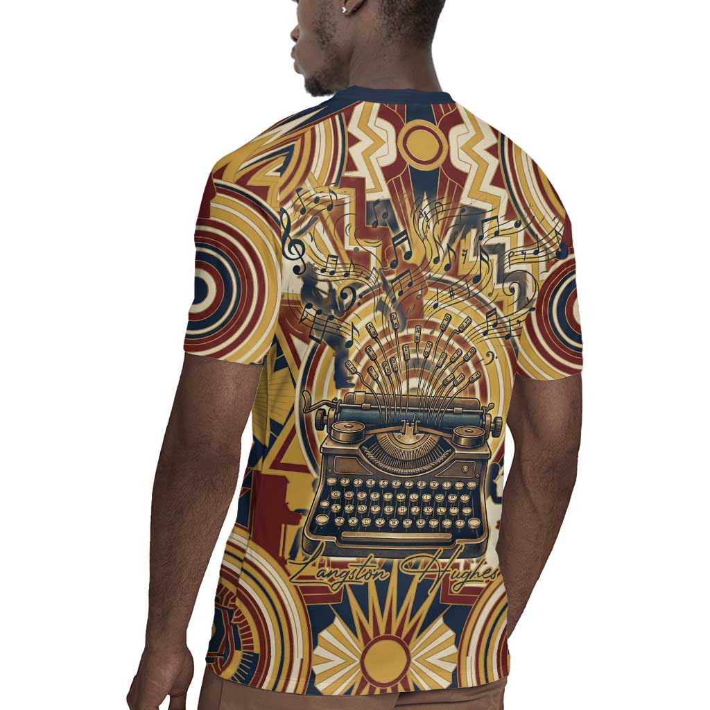 Langston Hughes Rugby Jersey Vibrant Jazz Age Pattern - Typewriter and Silhouettes Celebration of Harlem Renaissance - African Pride