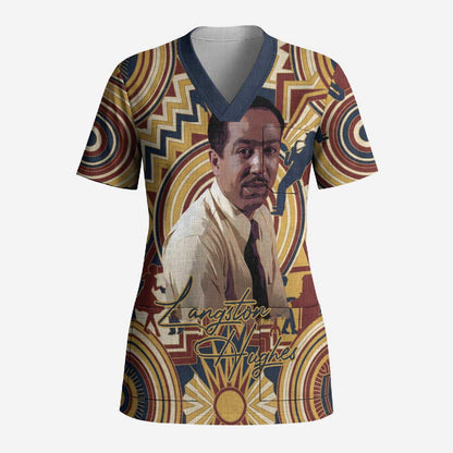 Langston Hughes Scrub Top Vibrant Jazz Age Pattern - Typewriter and Silhouettes Celebration of Harlem Renaissance - African Pride