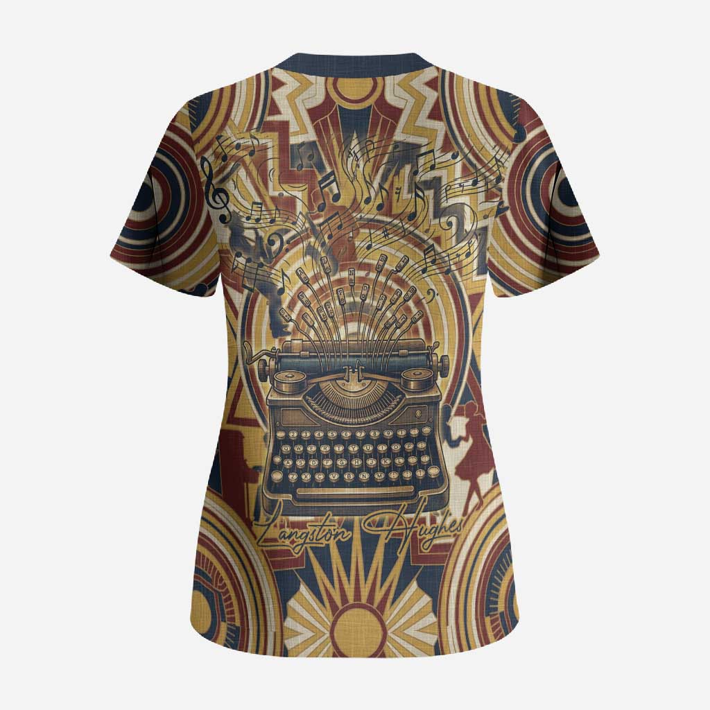 Langston Hughes Scrub Top Vibrant Jazz Age Pattern - Typewriter and Silhouettes Celebration of Harlem Renaissance - African Pride