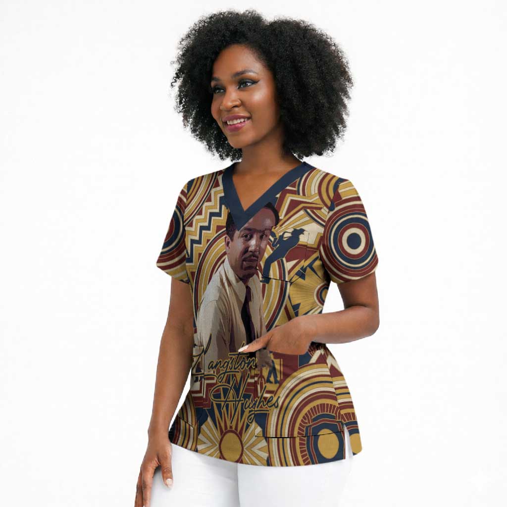 Langston Hughes Scrub Top Vibrant Jazz Age Pattern - Typewriter and Silhouettes Celebration of Harlem Renaissance - African Pride