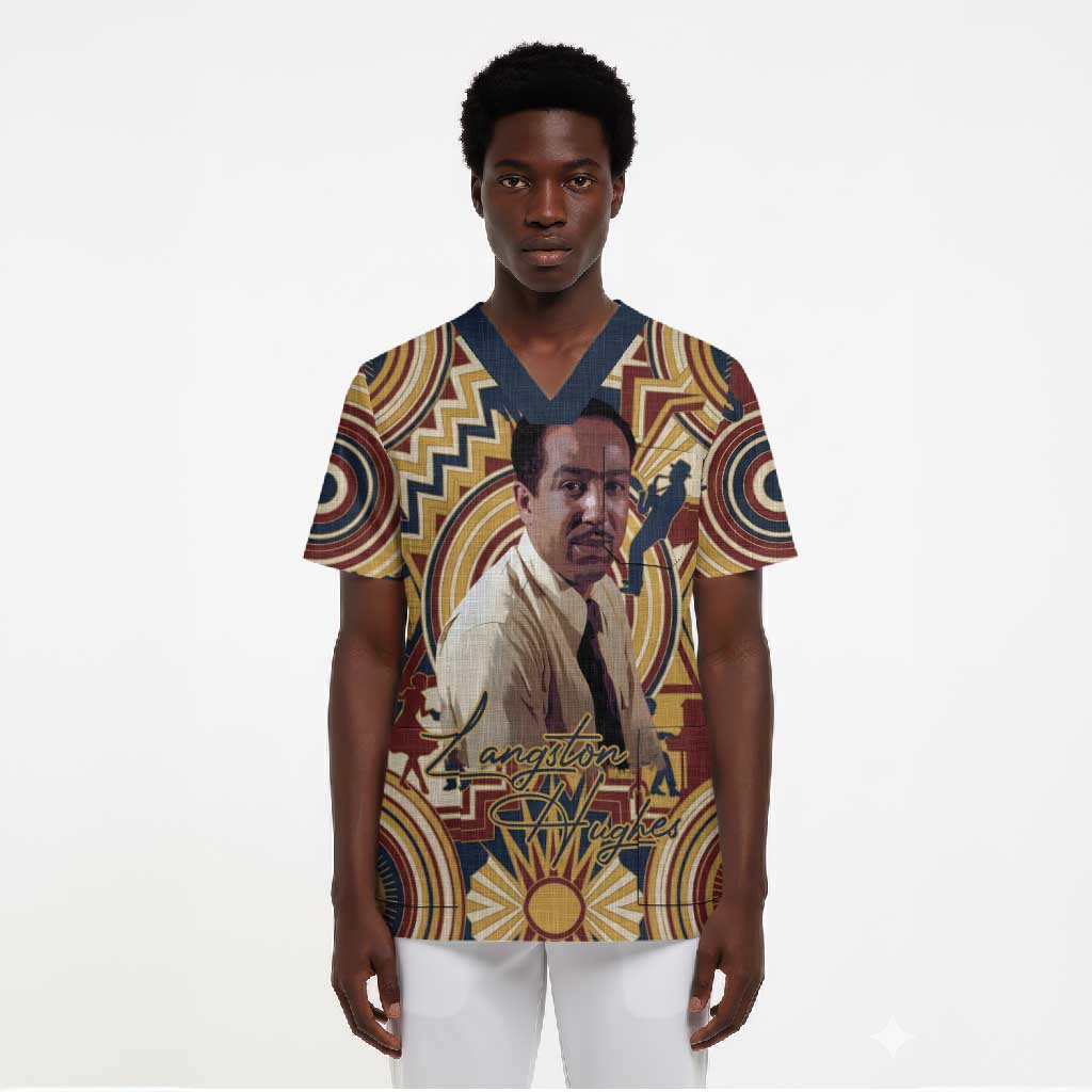 Langston Hughes Scrub Top Vibrant Jazz Age Pattern - Typewriter and Silhouettes Celebration of Harlem Renaissance - African Pride