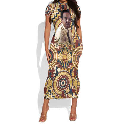 Langston Hughes Short Sleeve Bodycon Dress Vibrant Jazz Age Pattern - Typewriter and Silhouettes Celebration of Harlem Renaissance - African Pride