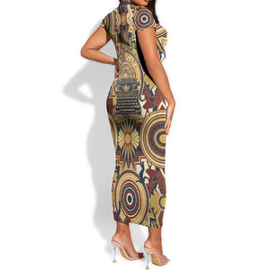 Langston Hughes Short Sleeve Bodycon Dress Vibrant Jazz Age Pattern - Typewriter and Silhouettes Celebration of Harlem Renaissance - African Pride