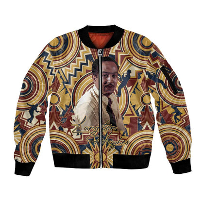 Langston Hughes Sleeve Zip Bomber Jacket Vibrant Jazz Age Pattern - Typewriter and Silhouettes Celebration of Harlem Renaissance - African Pride