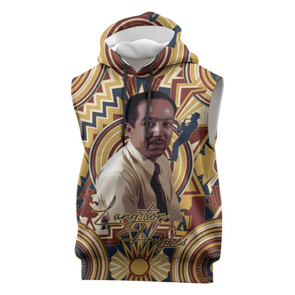 Langston Hughes Sleeveless Hoodie Vibrant Jazz Age Pattern - Typewriter and Silhouettes Celebration of Harlem Renaissance - African Pride