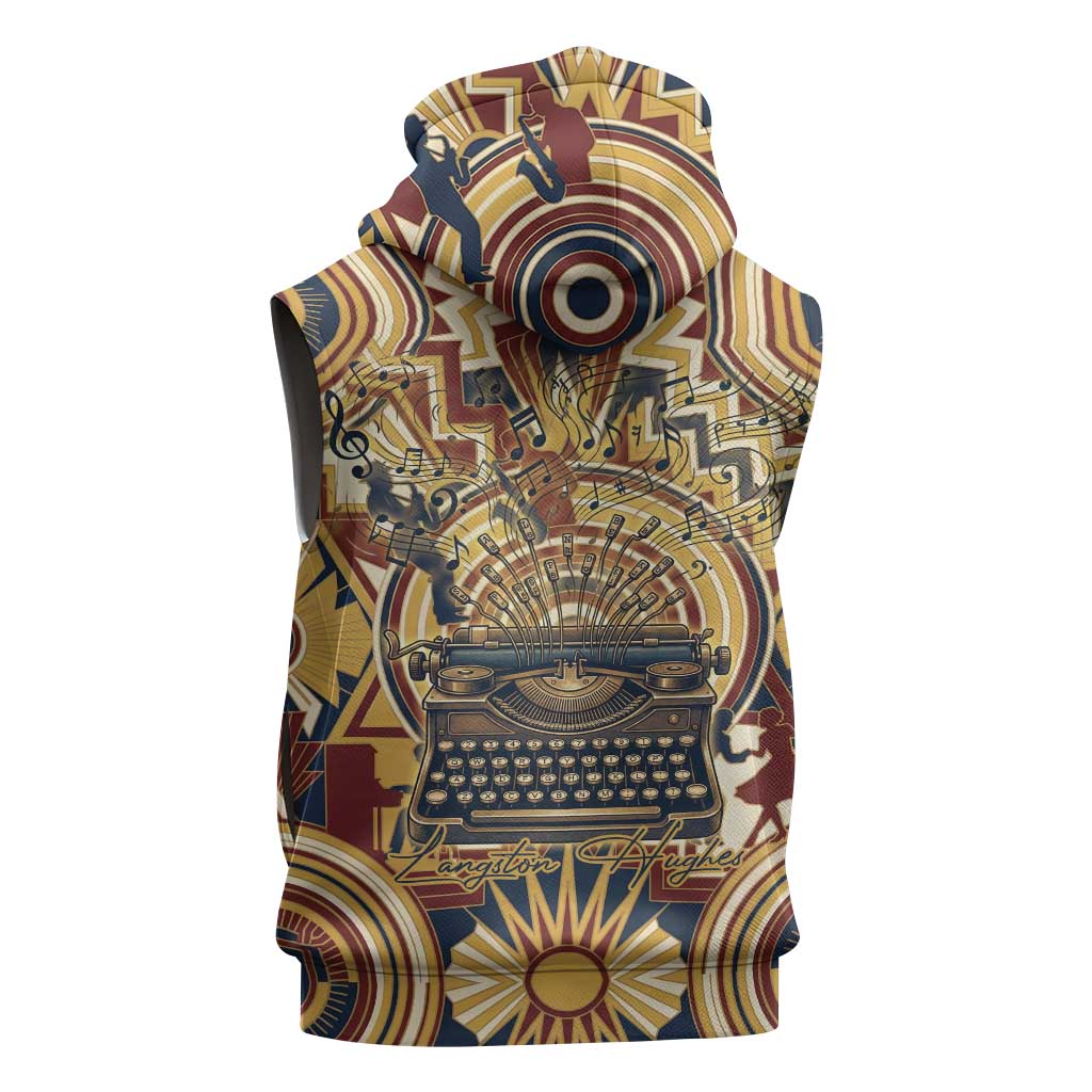 Langston Hughes Sleeveless Hoodie Vibrant Jazz Age Pattern - Typewriter and Silhouettes Celebration of Harlem Renaissance - African Pride