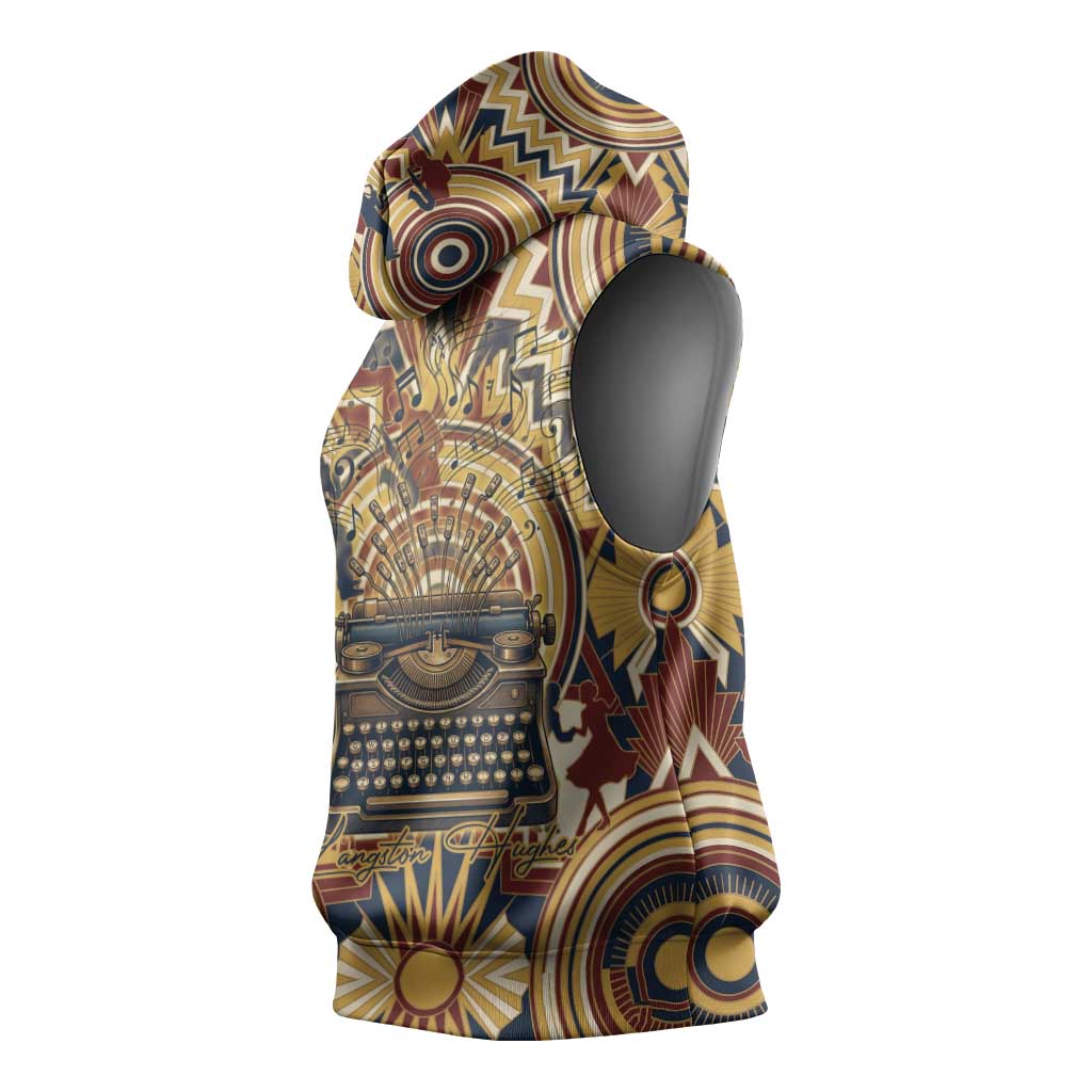 Langston Hughes Sleeveless Hoodie Vibrant Jazz Age Pattern - Typewriter and Silhouettes Celebration of Harlem Renaissance - African Pride