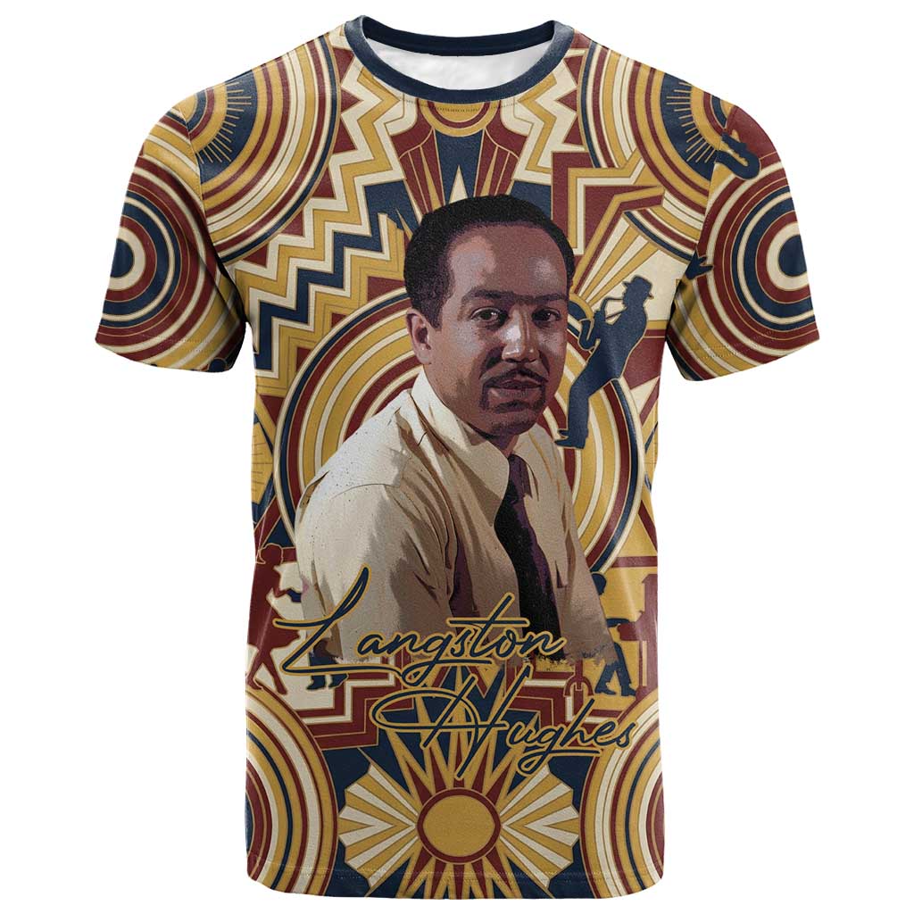 Langston Hughes T shirt Vibrant Jazz Age Pattern - Typewriter and Silhouettes Celebration of Harlem Renaissance - African Pride