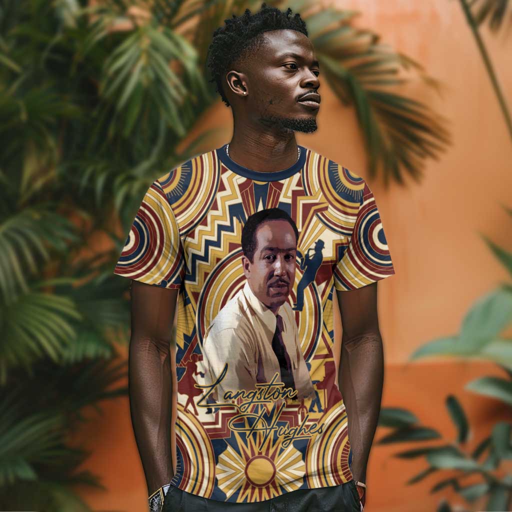 Langston Hughes T shirt Vibrant Jazz Age Pattern - Typewriter and Silhouettes Celebration of Harlem Renaissance - African Pride