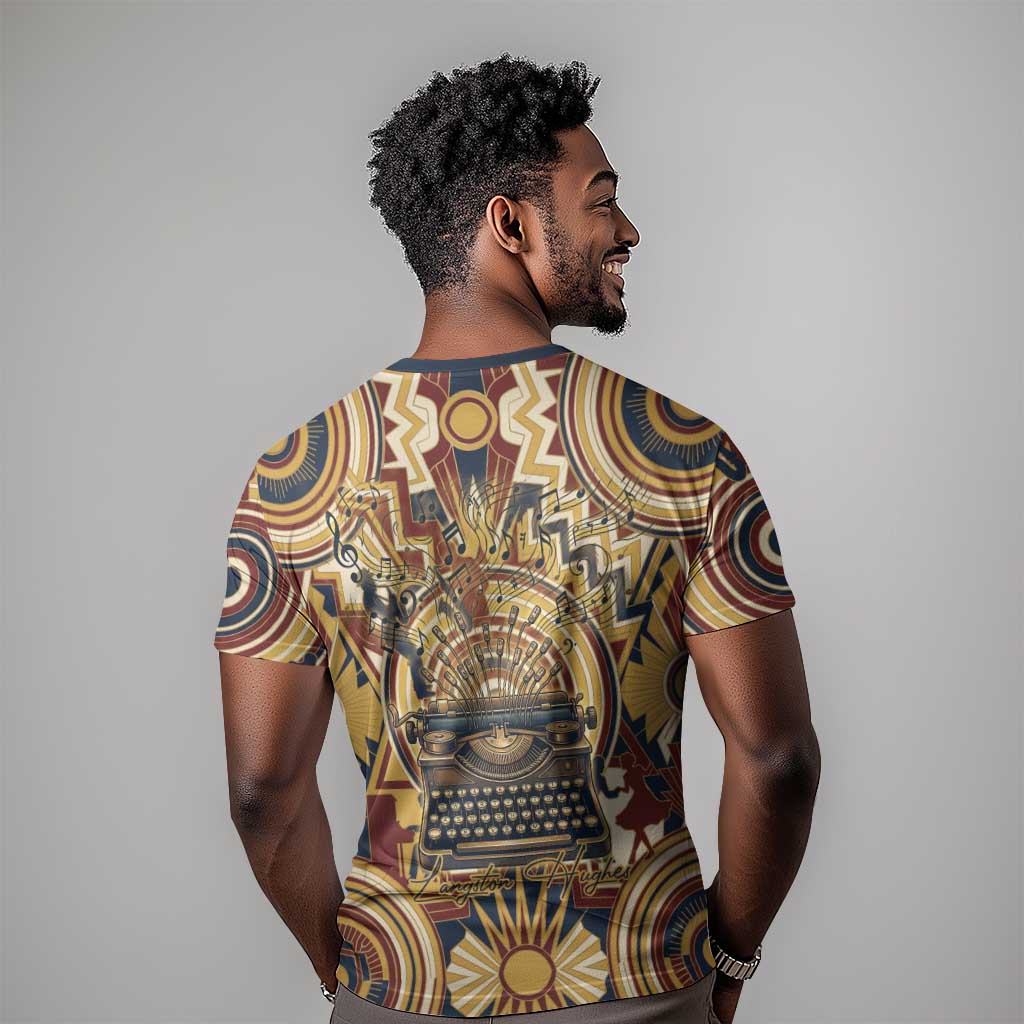 Langston Hughes T shirt Vibrant Jazz Age Pattern - Typewriter and Silhouettes Celebration of Harlem Renaissance - African Pride